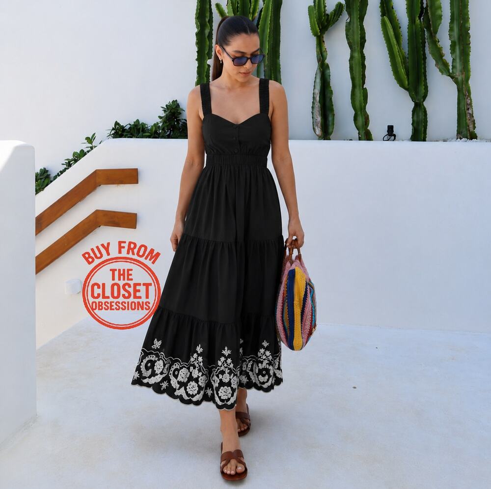 Zara NWT Black Embroidered Cotton Midi Dress M